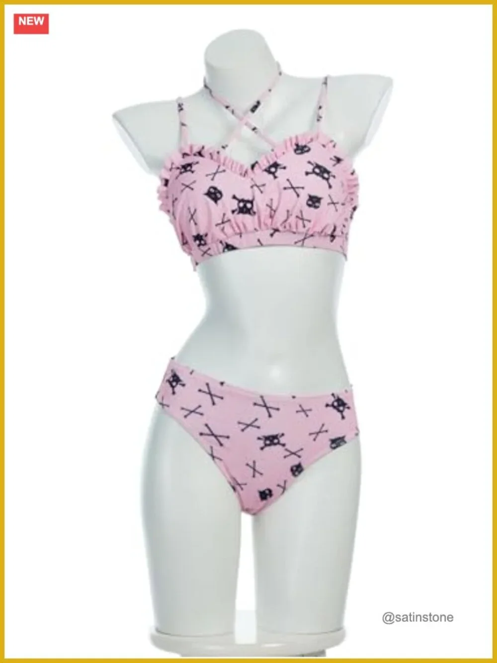 Gothic Bikini Set with Skirt - Cartoon Skull Cat Print Swimwear